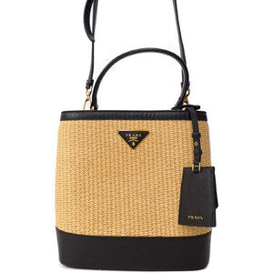 PRADA Panier Straw Crossbody Bag Tan Black